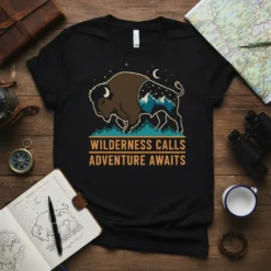 Wilderness Calls Adventure Awaits t-shirt design with a bison, mountains, and stars