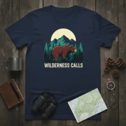WILDERNESS CALLS t-shirt with a graphic of a bear walking in front of mountains and trees under a sun or