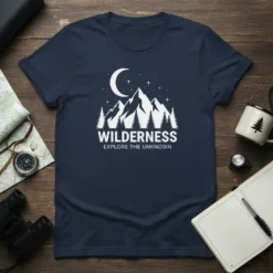 Navy blue t-shirt with white "WILDERNESS EXPLORE THE UNKNOWN" text and a mountain, moon, and star graphic