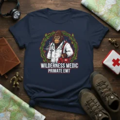 Wilderness Medic Primate EMT t-shirt design featuring a gorilla wearing a doctor's coat and stethoscope