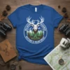 Wilderness Roamer Nature's Heartbeat t-shirt design featuring a deer head, mountains, and trees in a circular emblem