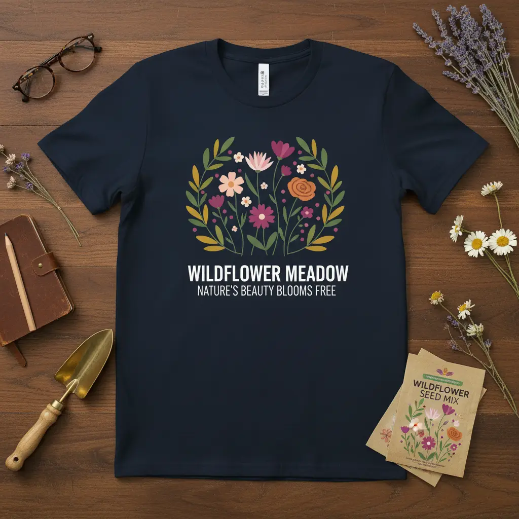 Wildflower Meadow Nature's Beauty Blooms Free text with floral wreath graphic on navy tee