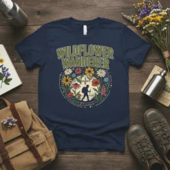 Wildflower Wanderer t-shirt design featuring a hiker silhouette surrounded by colorful wildflowers and foliage