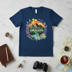 Wildflowers of Oregon t-shirt design featuring mountains, river, and floral wreath with text "Wildflowers of Oregon"