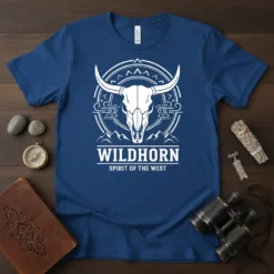 Wildhorn Spirit of the West t-shirt featuring a bull skull graphic and western-themed design elements in white
