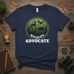 Wildlife Advocate t-shirt design featuring a circular graphic with deer, bear, wolf, and eagle silhouettes in a forest setting