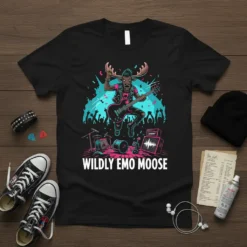 Wildly Emo Moose t-shirt design featuring a moose playing guitar on stage with a cheering crowd and band equipment