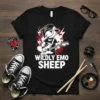 Black t-shirt with "Wildly Emo Sheep" text and graphic of a sheep playing guitar in emo style