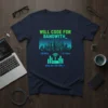 Navy t-shirt with "Will Code For Bandwidth" text, cityscape, speed metrics, and router graphic