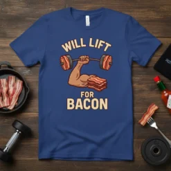 Will Lift For Bacon t-shirt design featuring a muscular arm lifting a barbell with bacon slices as weights
