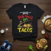 Will Pole Vault for Tacos t-shirt design featuring a pole vaulter, tacos, and athletic track elements in colorful text
