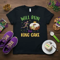 Will Run For King Cake t-shirt design featuring a runner and a king cake graphic