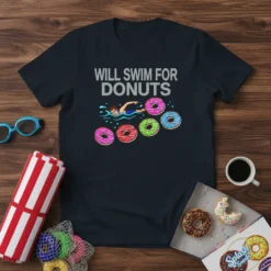 Will Swim For Donuts text with a swimmer illustration and colorful donuts graphic on a navy t-shirt