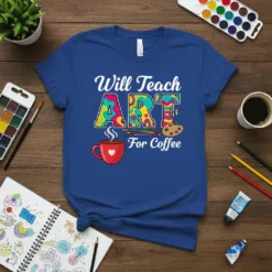 Will Teach ART For Coffee t-shirt design with colorful abstract letters, coffee cup, and art supplies
