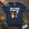 Will There Be Snacks? text with cute chip bag, pretzel, and candy characters graphic on a navy t-shirt