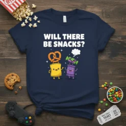 Will There Be Snacks? text with cute chip bag, pretzel, and candy characters graphic on a navy t-shirt