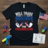 Will Trade Brother For Firecrackers text design with fireworks and patriotic theme on a black t-shirt