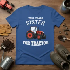 Blue t-shirt with white text "Will Trade Sister For Tractor" and a red tractor graphic