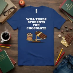 Will Trade Students For Chocolate t-shirt with humorous graphic of students on a scale balanced against chocolate