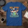Will Work For Food T-Shirt featuring a muscular chef holding spaghetti and a spatula, with the Earth and cutlery graphic