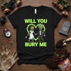 Will You Bury Me quote with zombie bride and groom graphic on a black t-shirt, surrounded by spooky wedding props
