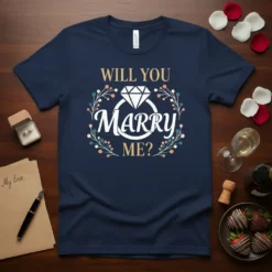 Navy blue t-shirt with "WILL YOU MARRY ME?" text and a diamond ring graphic surrounded by floral elements