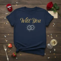 Navy t-shirt with "Will You" text in elegant gold script and interlocking rings graphic for proposal