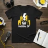 Black t-shirt featuring the bold white text "Willie D*" below a graphic of yellow buildings and a white lightning bolt