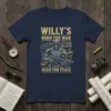 Willy's Born For War Read For Peace text design on a navy t-shirt featuring a futuristic soldier reading a book