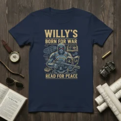 Willy's Born For War Read For Peace text design on a navy t-shirt featuring a futuristic soldier reading a book