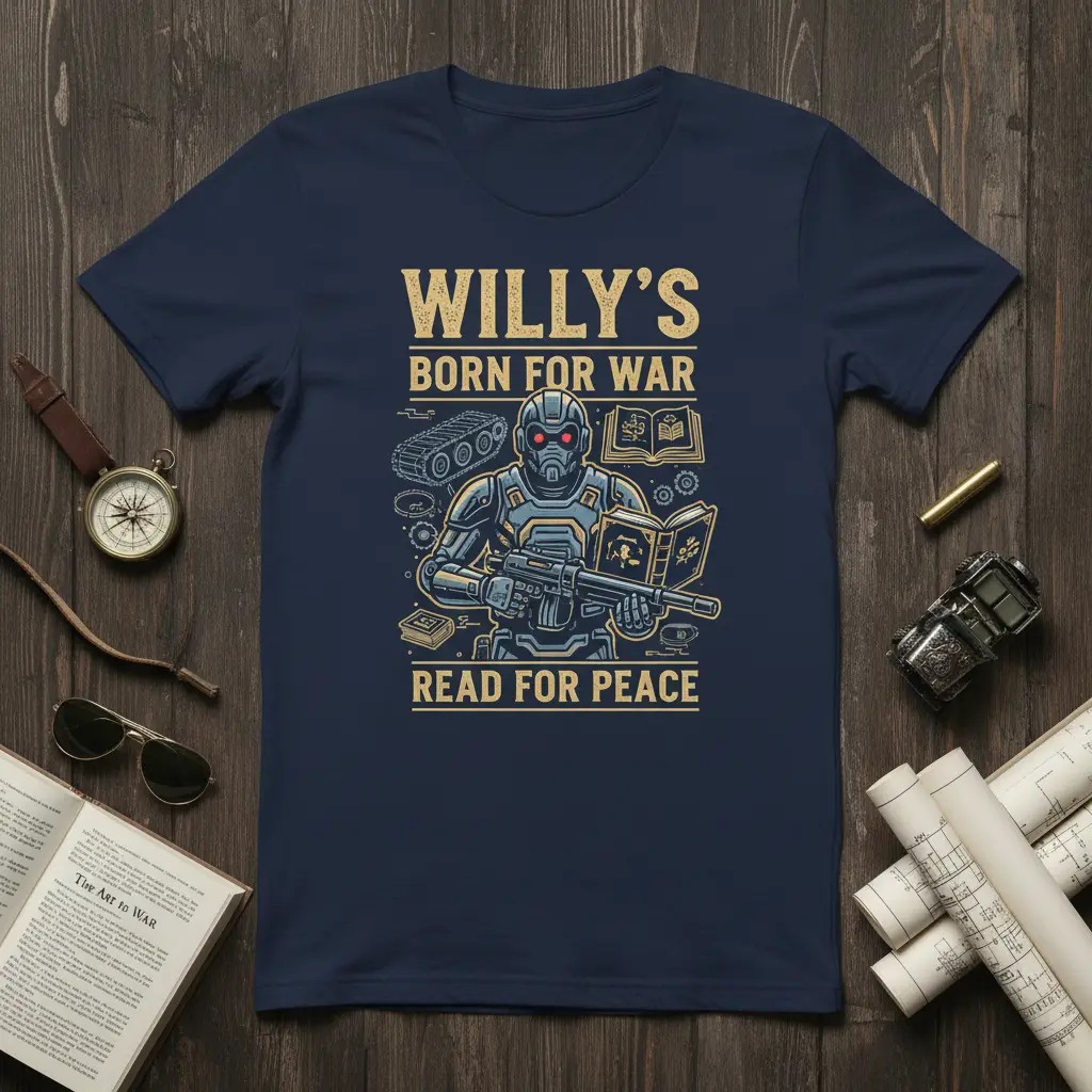 Willy's Born For War Read For Peace quote with futuristic soldier graphic on a navy blue t-shirt