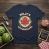 Willy's Watermelons t-shirt design featuring a smiling watermelon character holding slices of watermelon, surrounded by a wreath of leaves and