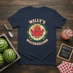 Willy's Watermelons t-shirt design featuring a smiling watermelon character holding slices of watermelon, surrounded by a wreath of leaves and