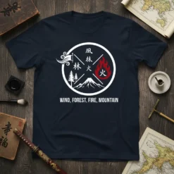 WIND, FOREST, FIRE, MOUNTAIN graphic tee with Japanese kanji and elemental symbols in a circle