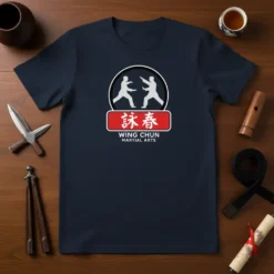 Wing Chun Martial Arts logo with two figures sparring, Chinese characters, and text "WING CHUN MARTIAL ARTS" on a navy