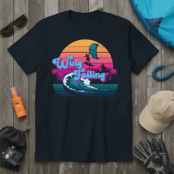 Wing Foiling T-Shirt with retro sunset, wave, and palm trees graphic