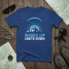 WINGS UP LIMITS DOWN paragliding t-shirt with a graphic of a paraglider over mountains and sun rays
