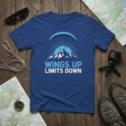 WINGS UP LIMITS DOWN paragliding t-shirt with a graphic of a paraglider over mountains and sun rays
