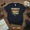 Winnebago Minnesota RV camper retro design with sunset and mountains on a navy t-shirt