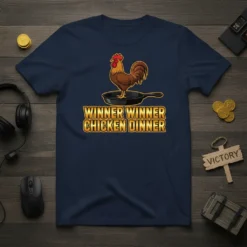 Winner Winner Chicken Dinner quote with a rooster on a frying pan graphic, popular gaming t-shirt design