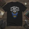 Black t-shirt with white text "WINNERS NEVER QUIT QUITTERS NEVER WIN" above a blue and gold phoenix graphic with upward