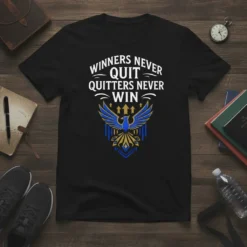 Black t-shirt with white text "WINNERS NEVER QUIT QUITTERS NEVER WIN" above a blue and gold phoenix graphic with upward