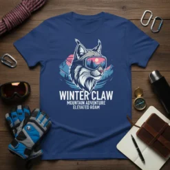 Winter Claw Mountain Adventure Elevated Roam t-shirt design featuring a lynx wearing ski goggles against a mountain landscape