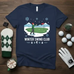 Winter Swing Club text design with a golfer on a snowy course and snowflakes