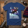 Winter Wonder Moose Adventures text with a skiing moose graphic on a navy blue t-shirt, featuring snowflakes and mountains