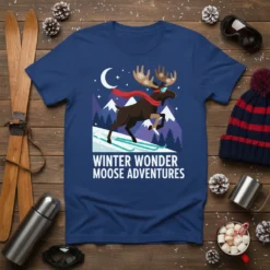 Winter Wonder Moose Adventures text with a skiing moose graphic on a navy blue t-shirt, featuring snowflakes and mountains