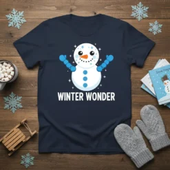 WINTER WONDER text with a cute cartoon snowman graphic on a navy t-shirt, surrounded by sparkles