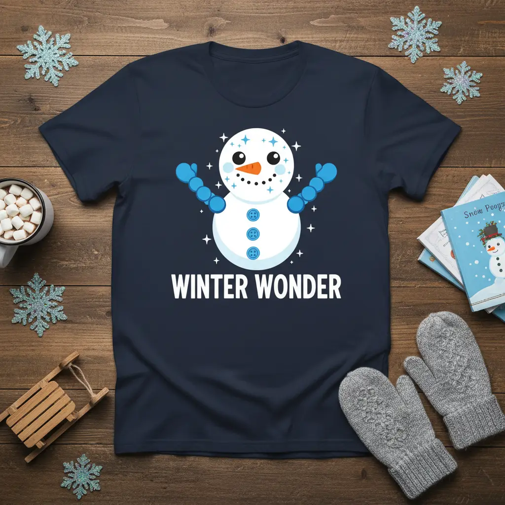 WINTER WONDER text and cute snowman graphic on a navy blue t-shirt design, evoking festive holiday cheer
