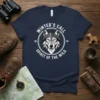Geometric wolf design with "Winter's Call Spirit of the Wild" text on a navy t-shirt, perfect for nature lovers