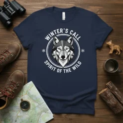 Geometric wolf design with "Winter's Call Spirit of the Wild" text on a navy t-shirt, perfect for nature lovers